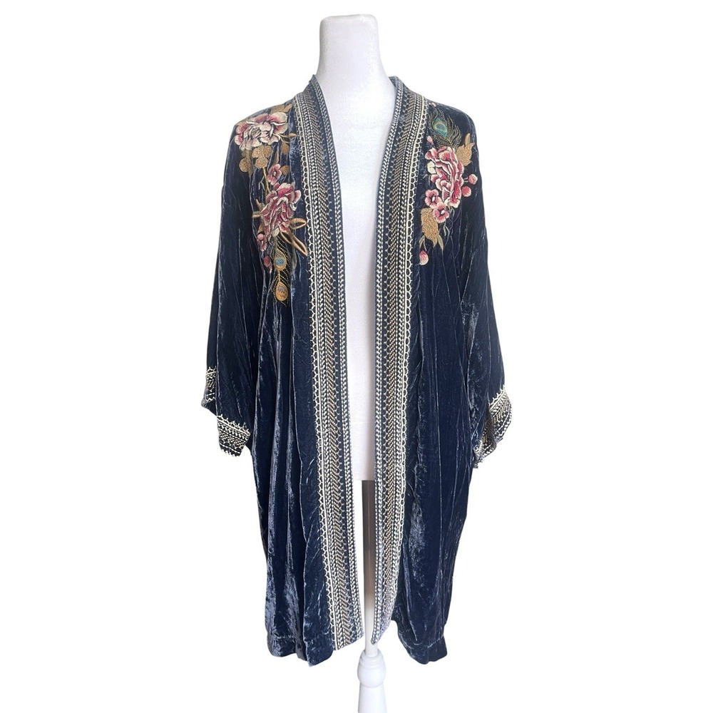 Johnny Was Quito Velvet Silk Navy Blue Kimono Duster Peacock Embroidered Sz S - Picture 14 of 16